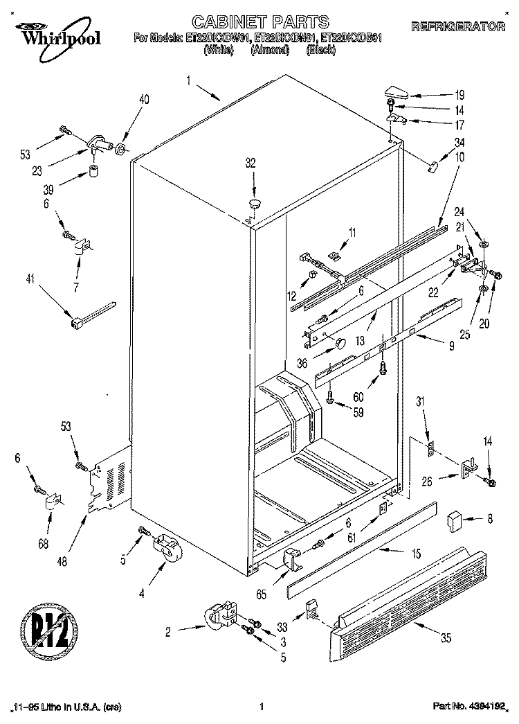 CABINET Diagram and Parts List for ET22DKXDB01  Whirlpool Refrigerator