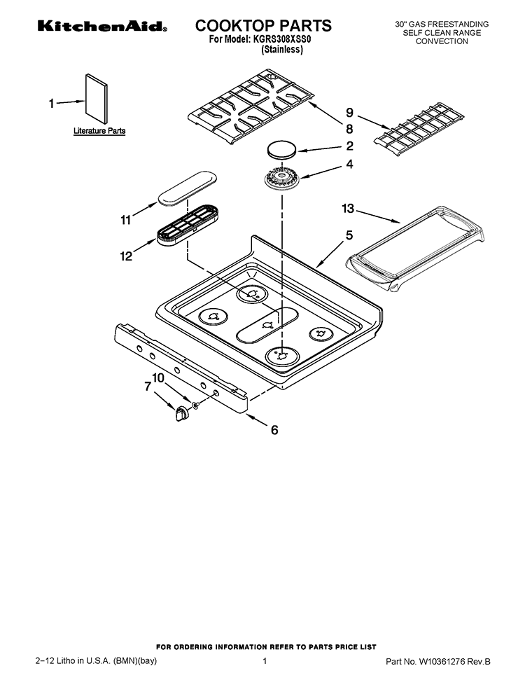 COOKTOP PARTS Diagram and Parts List for KGRS308XSS0  KitchenAid Range