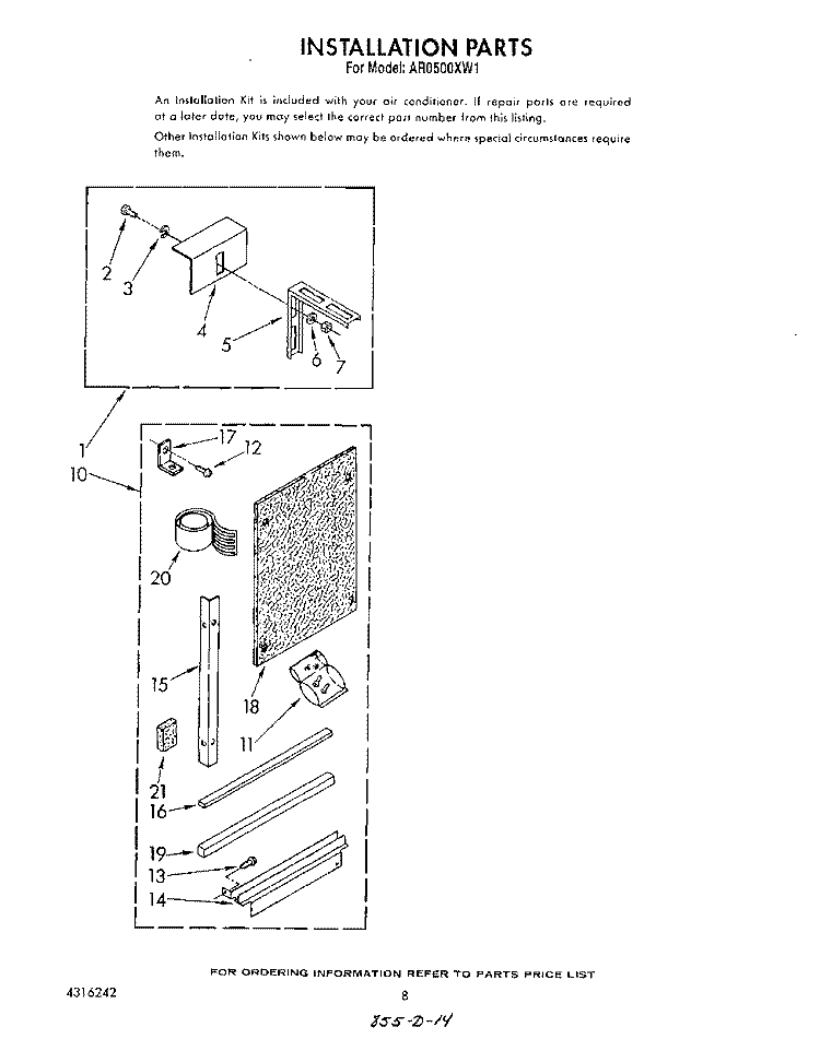 INSTALLATION Diagram and Parts List for AR0500XW1  Whirlpool Air Conditioner