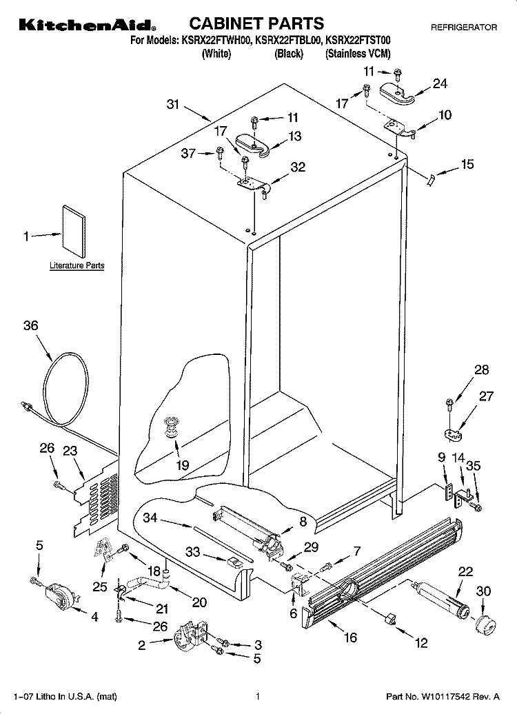 CABINET PARTS Diagram and Parts List for KSRX22FTWH00  KitchenAid Refrigerator