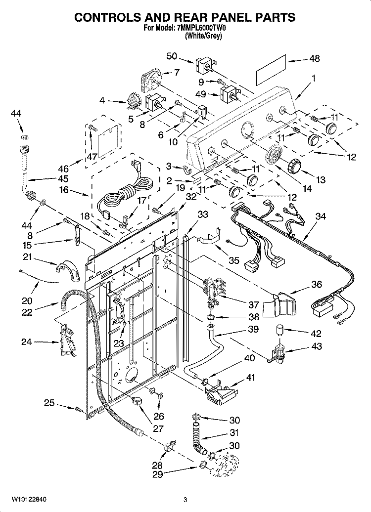 CONTROLS AND REAR PANEL PARTS Diagram and Parts List for 7MMPL6000TW0  Whirlpool Washer