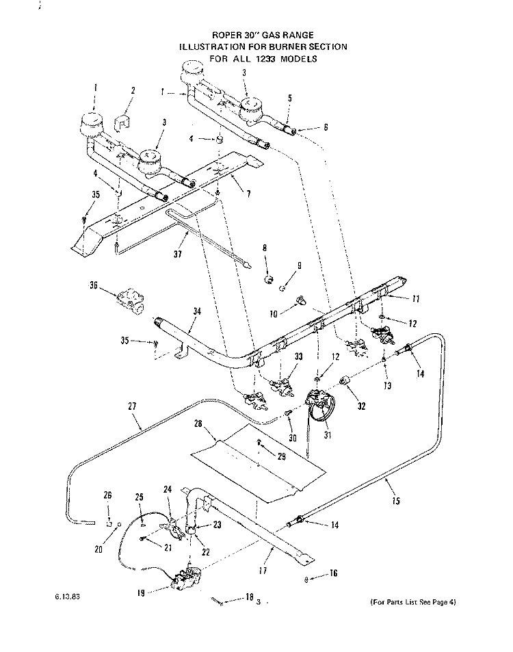 BODY Diagram and Parts List for 1233^1A  Whirlpool Range