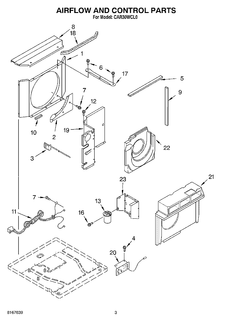 AIR FLOW AND CONTROL Diagram and Parts List for CAR30WCL0  Crosley Air Conditioner