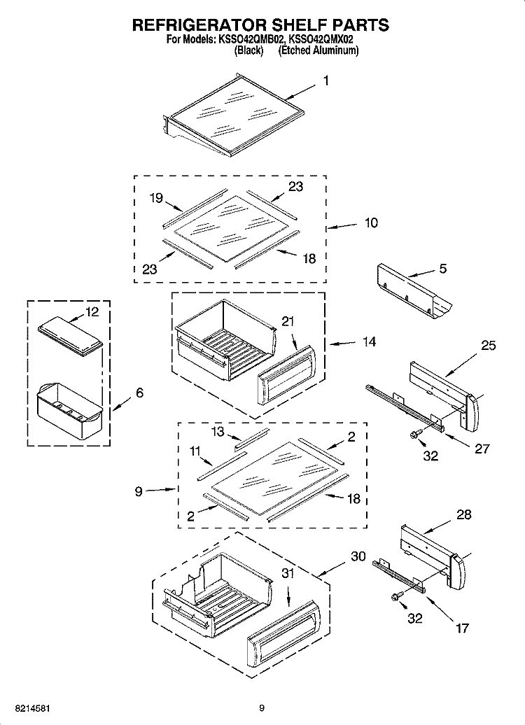 REFRIGERATOR SHELF PARTS Diagram and Parts List for KSSO42QMB02  KitchenAid Refrigerator