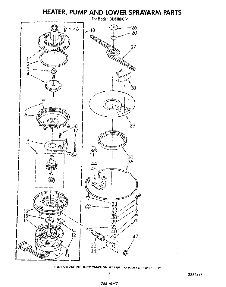 HEATER, PUMP AND LOWER SPRAY ARM Diagram and Parts List for DU8300XT1  Whirlpool Dishwasher