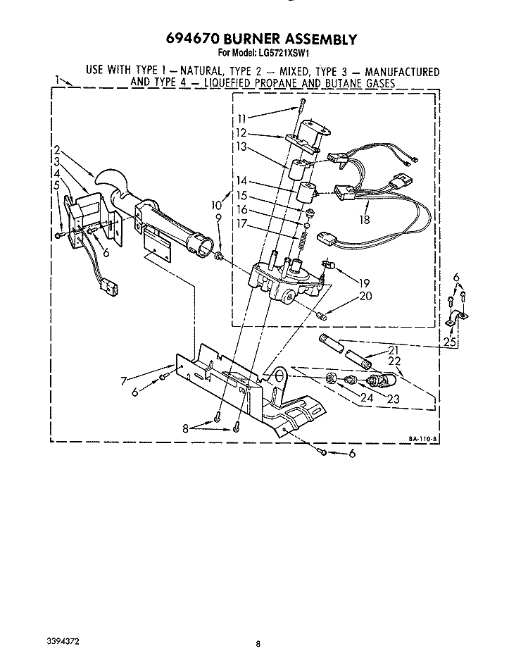 694670 BURNER ASSEMBLY Diagram and Parts List for LG5721XSW1  Whirlpool Dryer