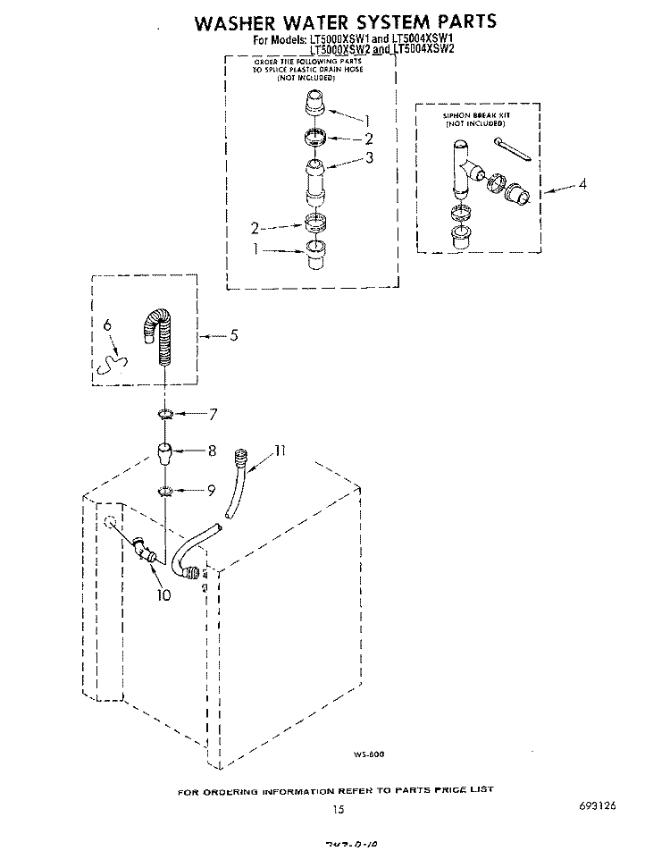 WASHER WATER SYSTEM Diagram and Parts List for LT5000XSW1  Whirlpool Washer Dryer Combo