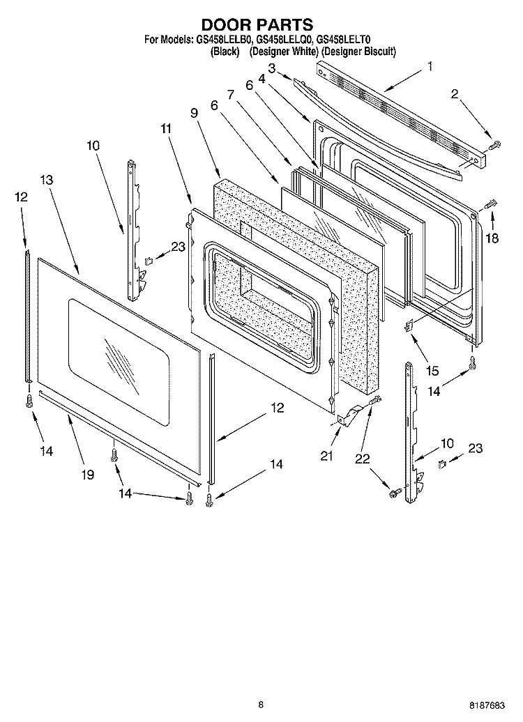 DOOR PARTS, MISCELLANEOUS PARTS Diagram and Parts List for GS458LELB0  Whirlpool Range