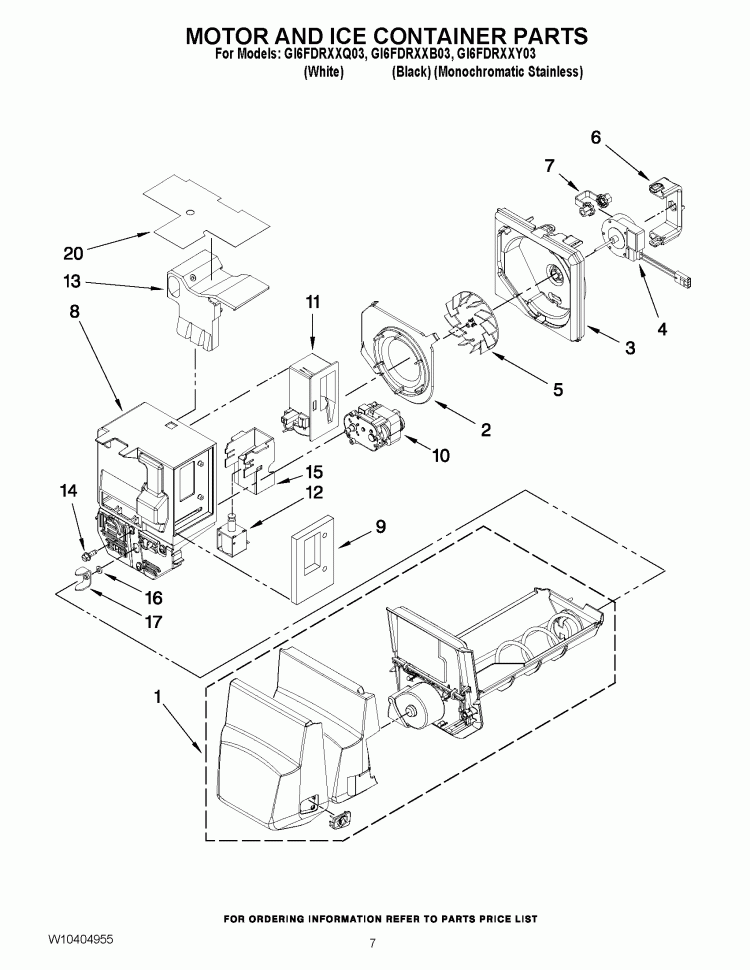 MOTOR AND ICE CONTAINER PARTS Diagram and Parts List for GI6FDRXXB03  Whirlpool Refrigerator