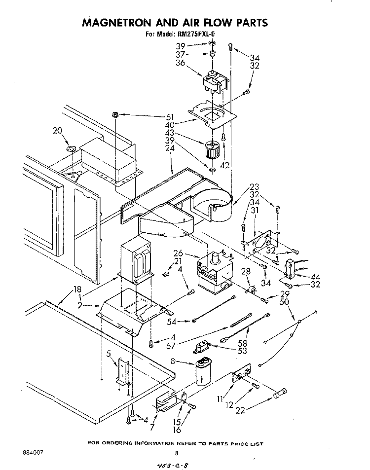 MAGNETRON AND AIRFLOW Diagram and Parts List for RM275PXL0  Whirlpool Microwave Oven Combo