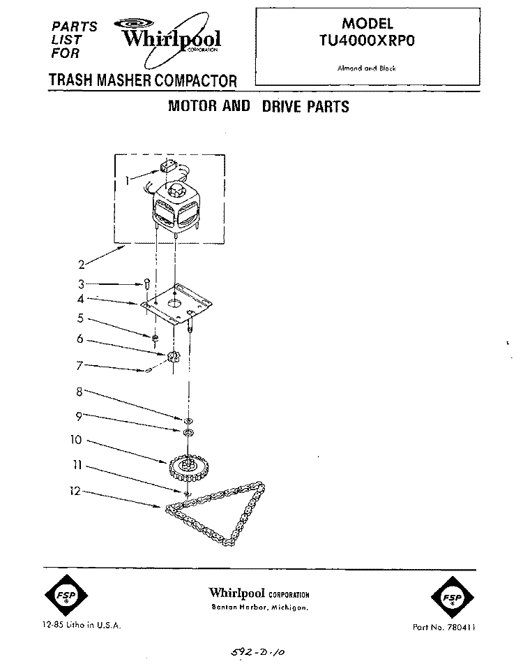 MOTOR AND DRIVE , LIT/OPTIONAL Diagram and Parts List for TU4000XRP0  Whirlpool Trash Compactor