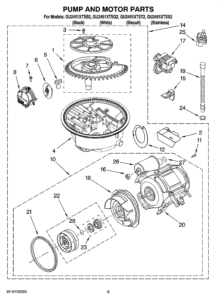 PUMP AND MOTOR PARTS Diagram and Parts List for GU2451XTST2  Whirlpool Dishwasher
