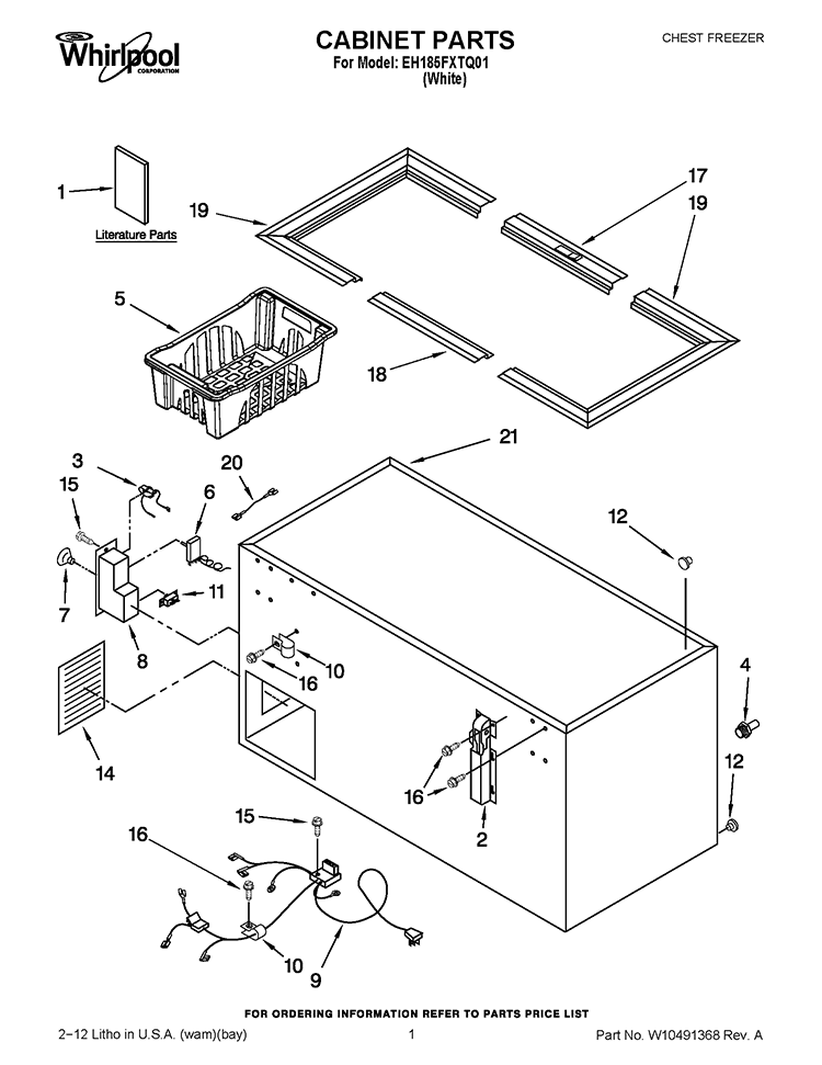 CABINET PARTS Diagram and Parts List for EH185FXTQ01  Whirlpool Freezer