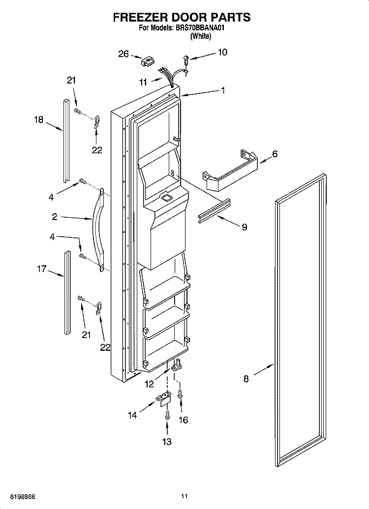 FREEZER DOOR PARTS Diagram and Parts List for BRS70BBANA01  Whirlpool Refrigerator