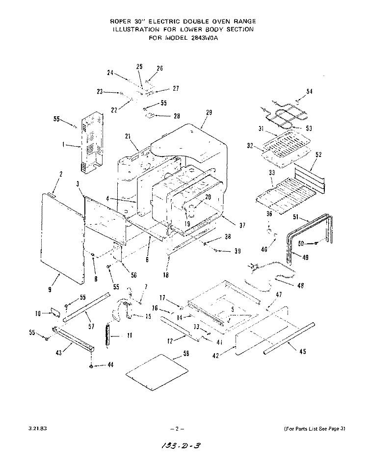 LOWER OVEN Diagram and Parts List for 2843W0A  Roper Range