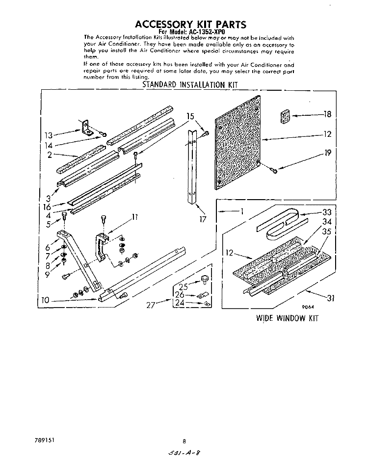 ACCESSORY KITS Diagram and Parts List for AC1352XP0  Whirlpool Air Conditioner