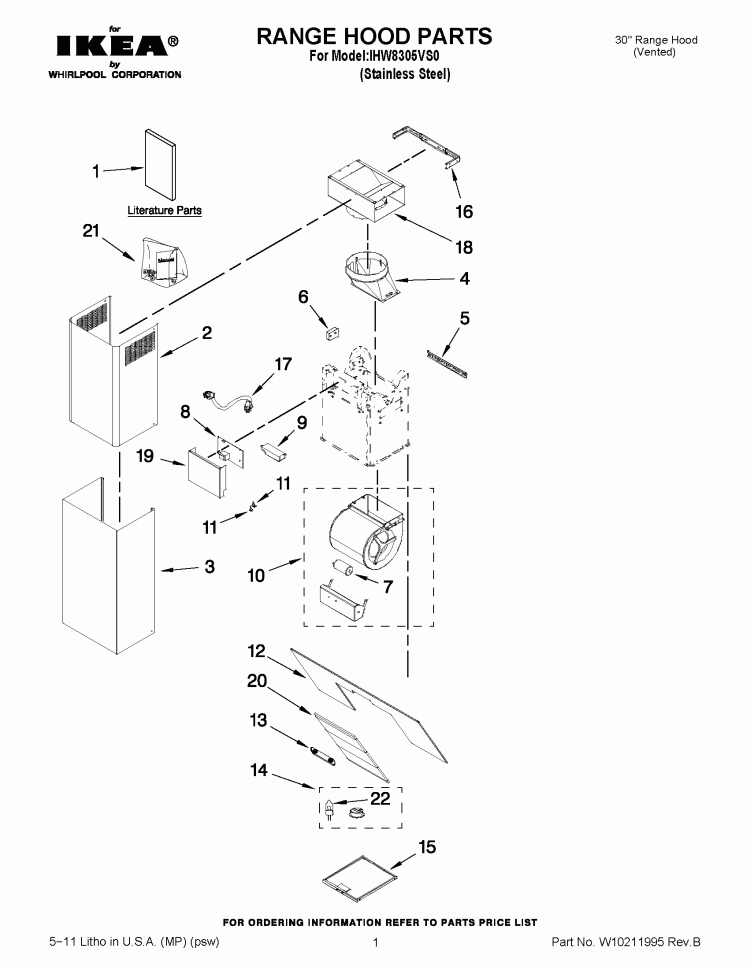 RANGE HOOD PARTS Diagram and Parts List for IHW8305VS0  Whirlpool Range Hood