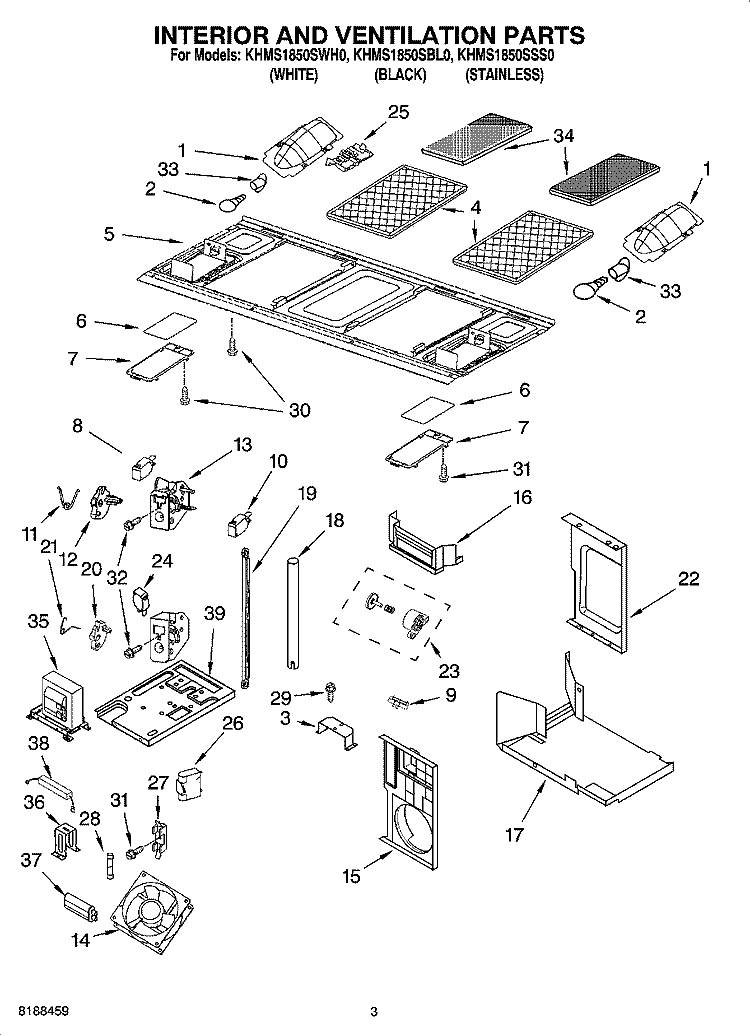 INTERIOR AND VENTILATION PARTS Diagram and Parts List for KHMS1850SSS0  KitchenAid Microwave