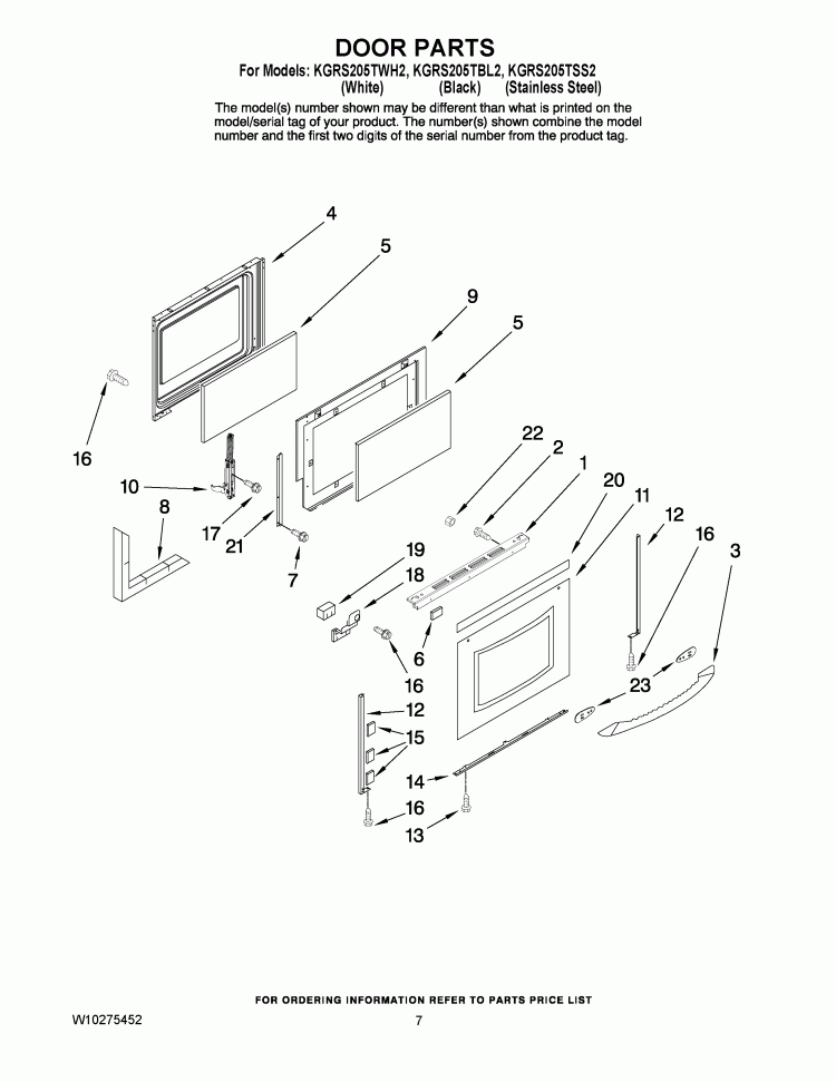 DOOR PARTS Diagram and Parts List for KGRS205TBL2  KitchenAid Range