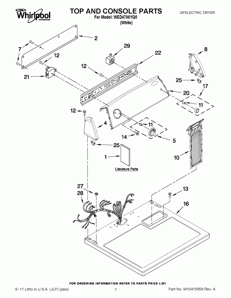 TOP AND CONSOLE PARTS Diagram and Parts List for WED4700YQ0  Whirlpool Dryer