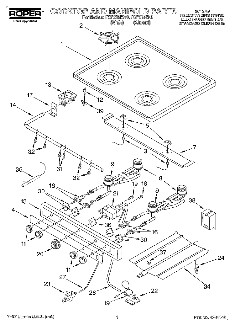 COOKTOP AND MANIFOLD Diagram and Parts List for FGP215EW0  Roper Range