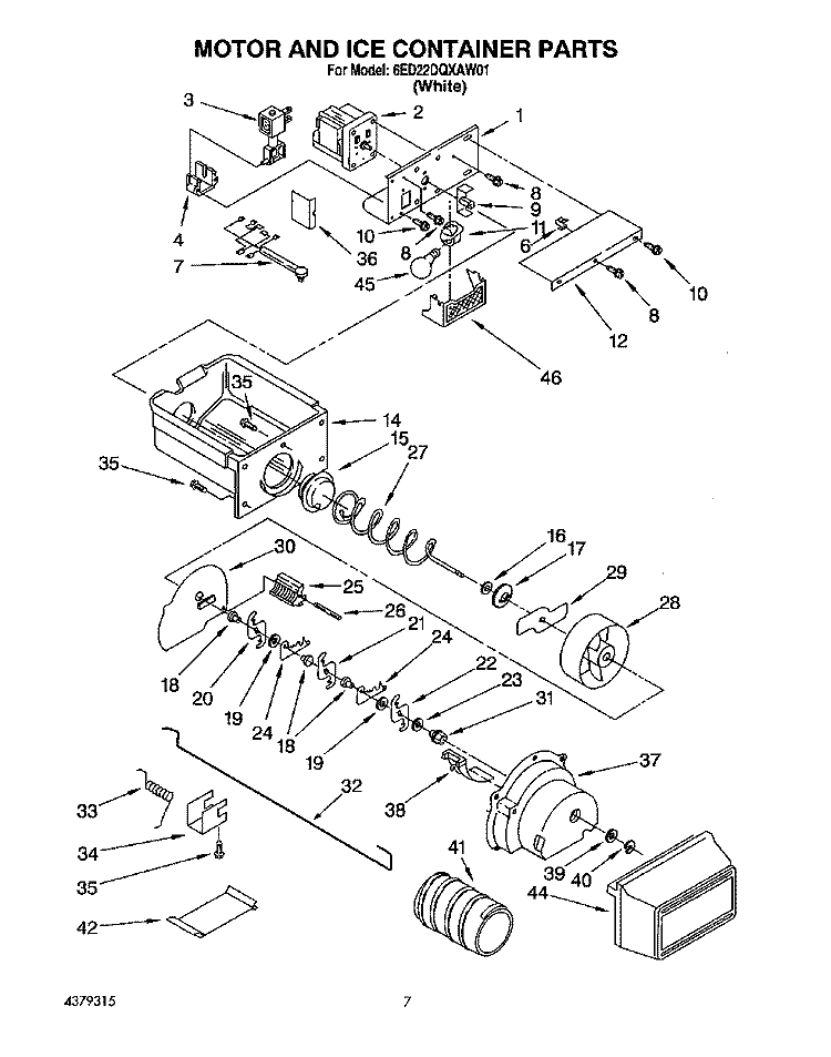 MOTOR AND ICE CONTAINER Diagram and Parts List for 6ED22DQXAW01  Whirlpool Refrigerator