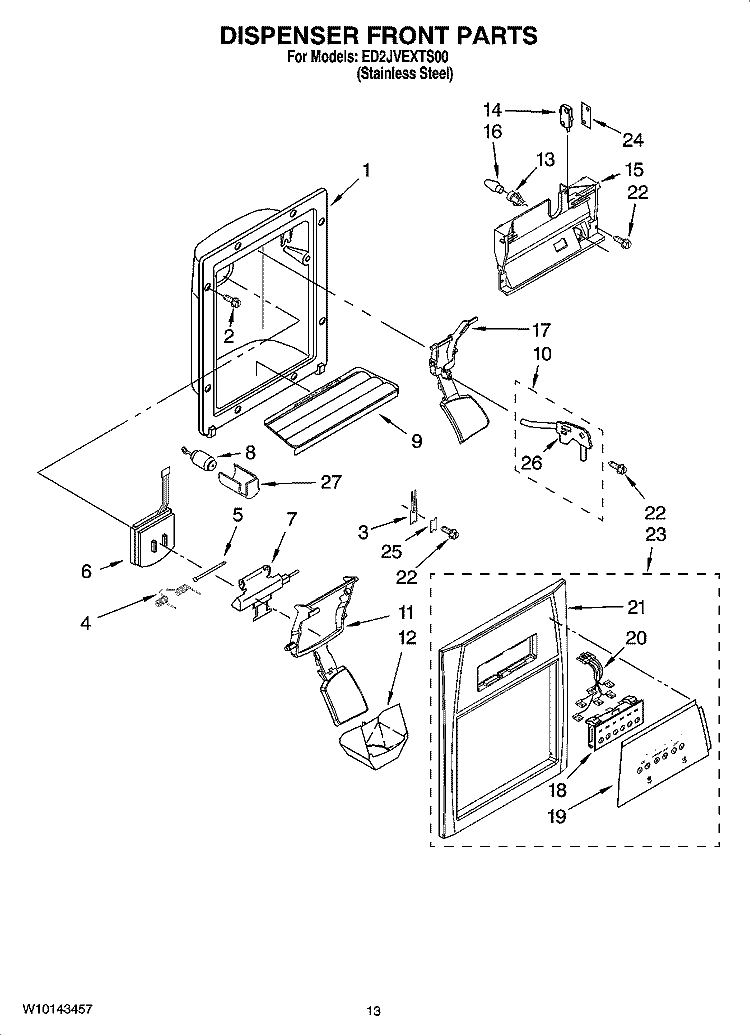 DISPENSER FRONT PARTS Diagram and Parts List for ED2JVEXTS00  Whirlpool Refrigerator