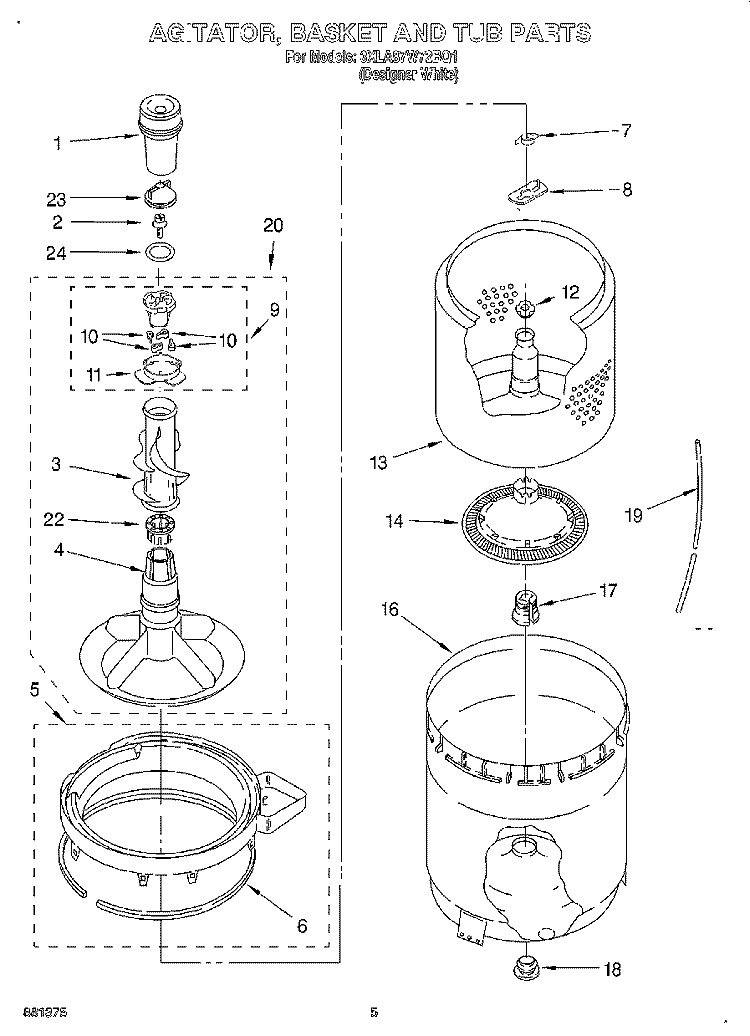 AGITATOR, BASKET AND TUB Diagram and Parts List for 3XLA87W72BQ1  Whirlpool Washer