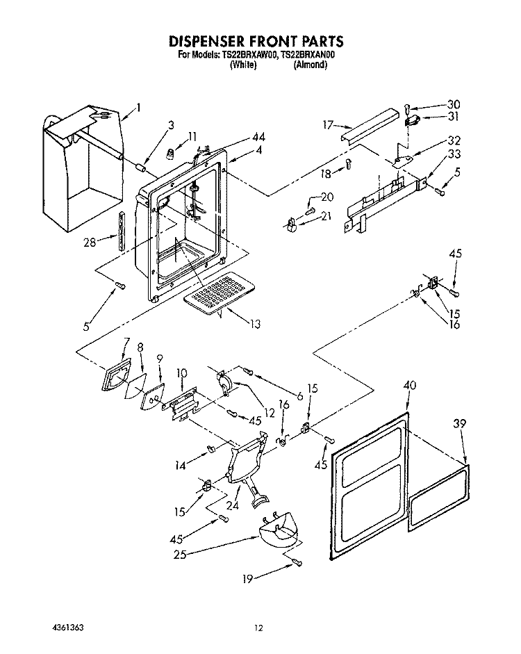 DISPENSER FRONT Diagram and Parts List for TS22BRXAW00  Whirlpool Refrigerator