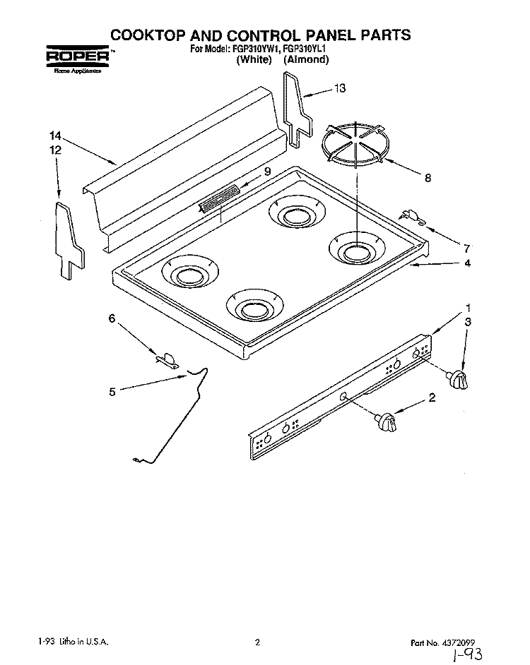 SECTION Diagram and Parts List for FGP310YL1  Roper Range