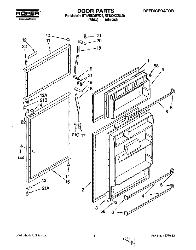 DOOR Diagram and Parts List for RT18DKXBL20  Roper Refrigerator