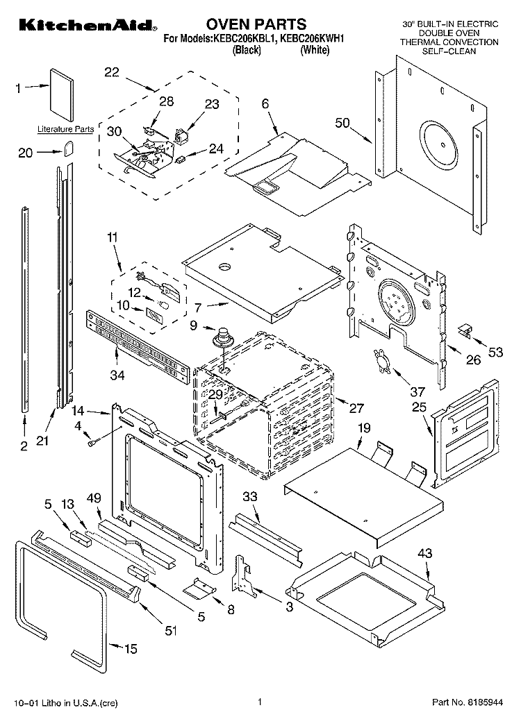 OVEN, LITERATURE Diagram and Parts List for KEBC206KWH1  KitchenAid Wall Oven