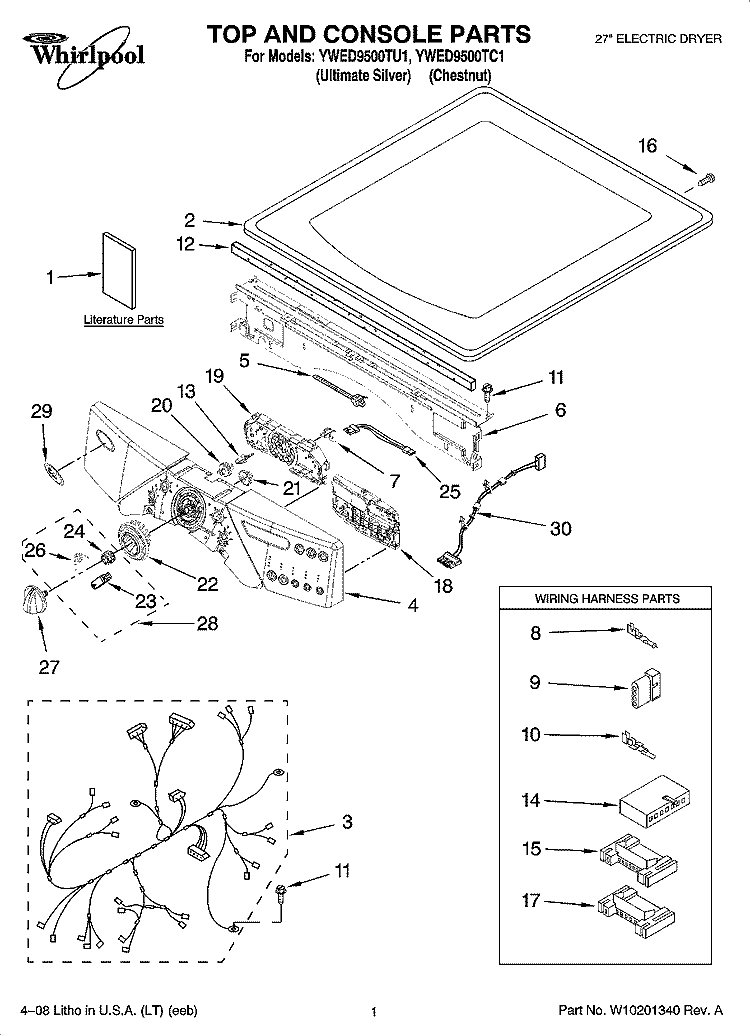 TOP AND CONSOLE PARTS Diagram and Parts List for YWED9500TU1  Whirlpool Dryer