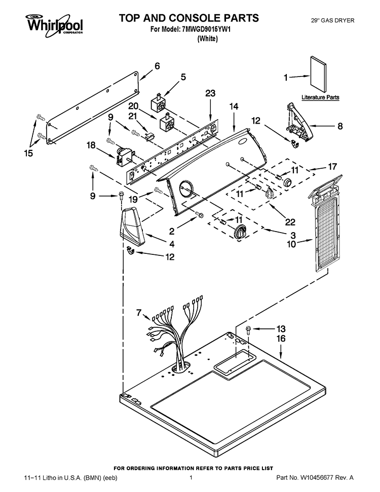 TOP AND CONSOLE PARTS Diagram and Parts List for 7MWGD9015YW1  Whirlpool Dryer