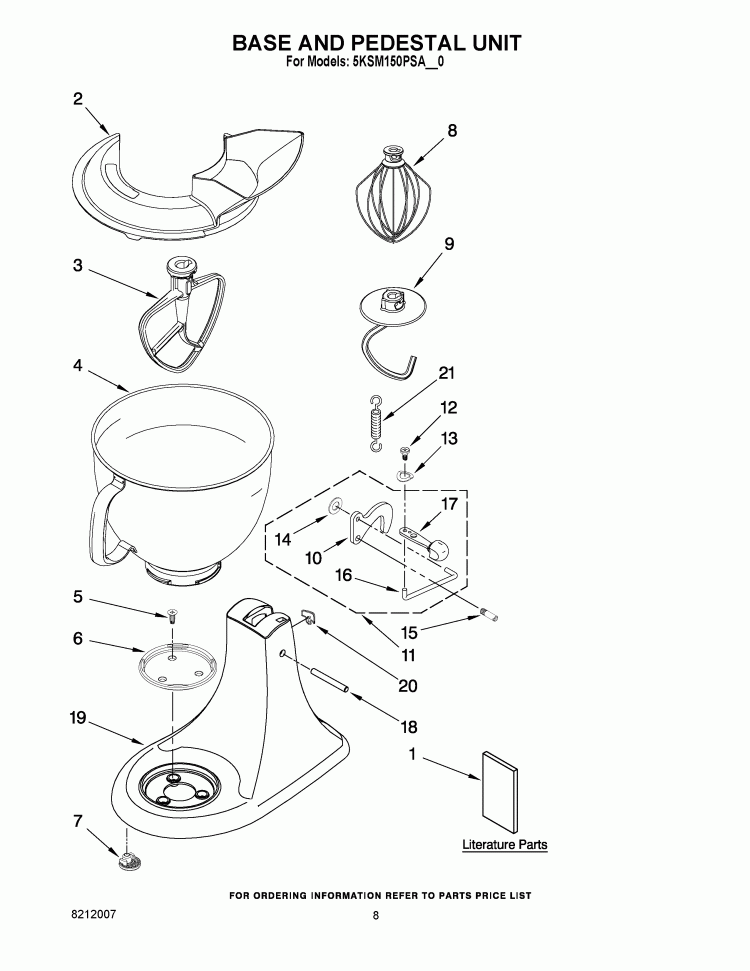 BASE AND PEDESTAL UNIT Diagram and Parts List for 5KSM150PSABY0  KitchenAid Mixer