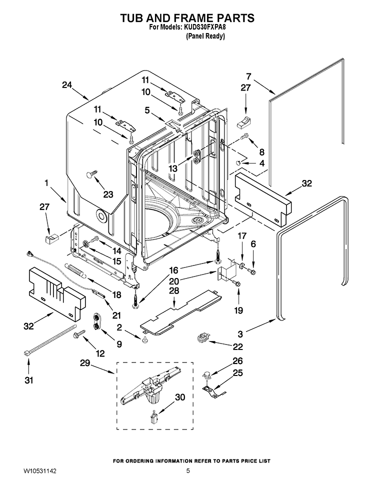 TUB AND FRAME PARTS Diagram and Parts List for KUDS30FXPA8  KitchenAid Dishwasher