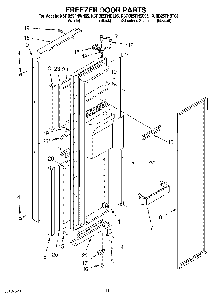 FREEZER DOOR Diagram and Parts List for KSRB25FHBT05  KitchenAid Refrigerator