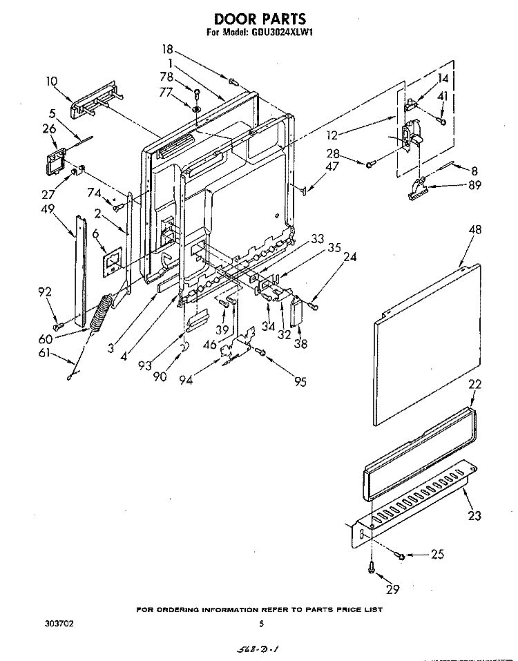 DOOR Diagram and Parts List for GDU3024XLW1  Whirlpool Dishwasher