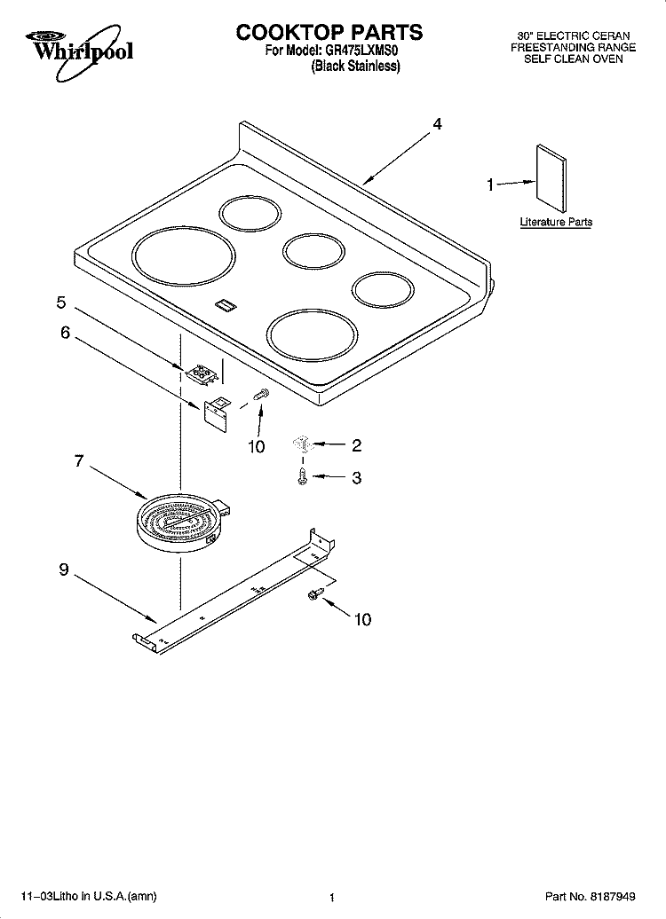 COOKTOP PARTS Diagram and Parts List for GR475LXMS0  Whirlpool Range