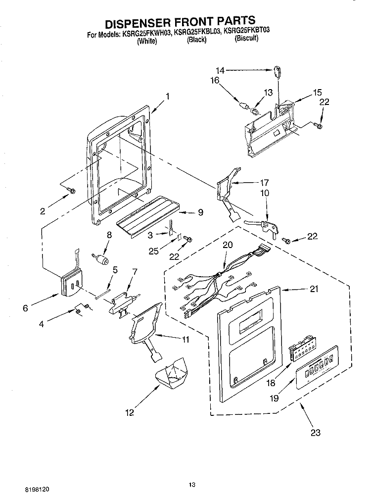 DISPENSER FRONT Diagram and Parts List for KSRG25FKBL03  KitchenAid Refrigerator