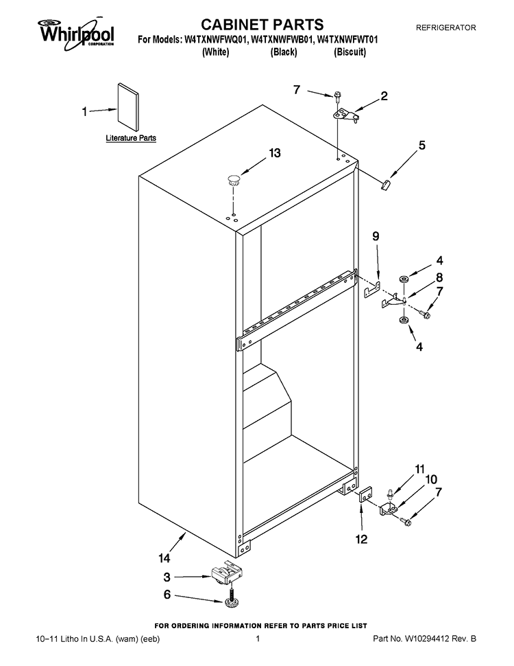 CABINET PARTS Diagram and Parts List for W4TXNWFWB01  Whirlpool Refrigerator