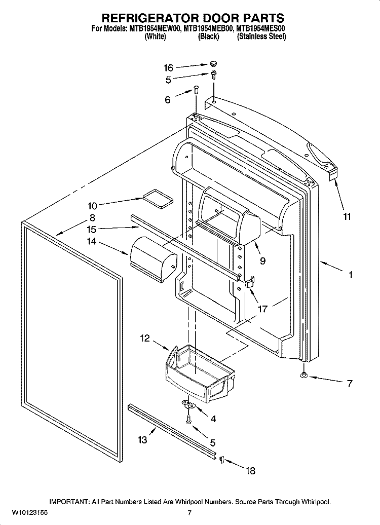 REFRIGERATOR DOOR PARTS Diagram and Parts List for MTB1954MEB00  Whirlpool Refrigerator