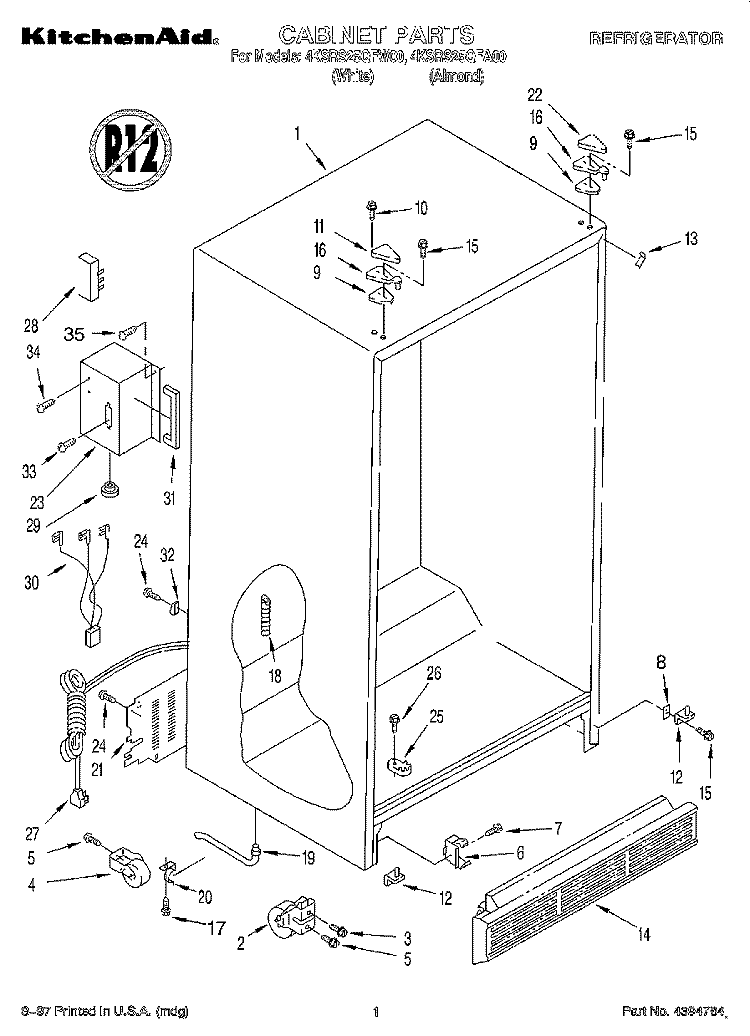 CABINET Diagram and Parts List for 4KSRS25QFW00  KitchenAid Refrigerator