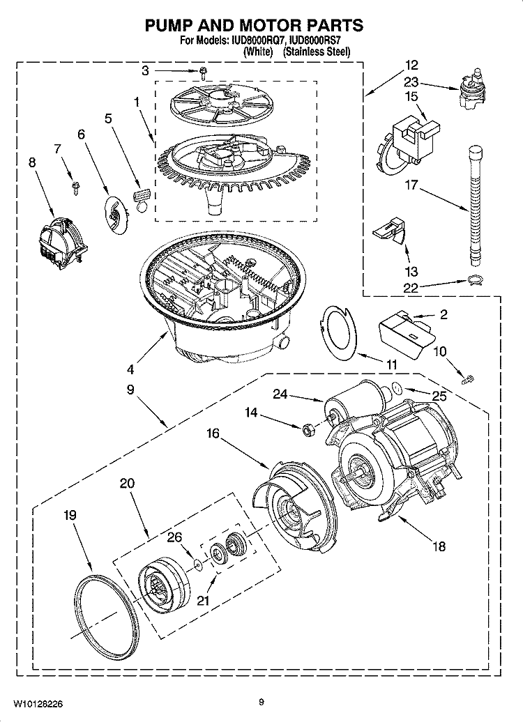PUMP AND MOTOR PARTS Diagram and Parts List for IUD8000RS7  Whirlpool Dishwasher