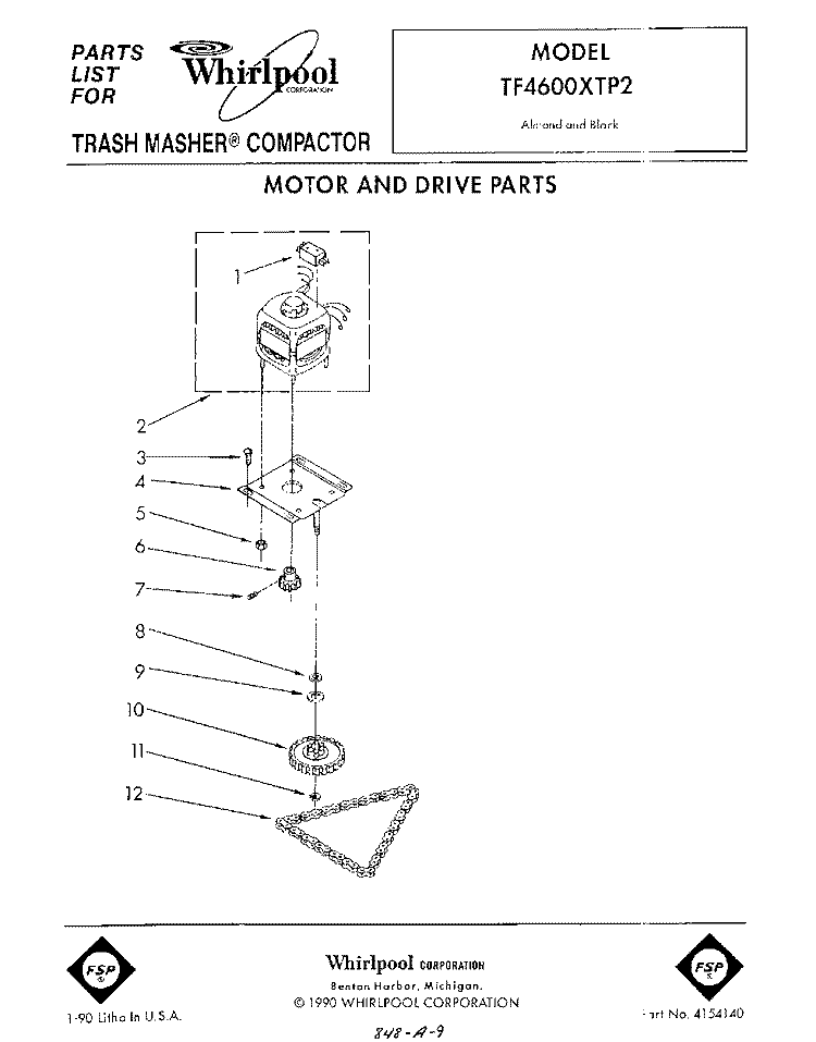 MOTOR AND DRIVE , LIT/OPTIONAL Diagram and Parts List for TF4600XTP2  Whirlpool Trash Compactor