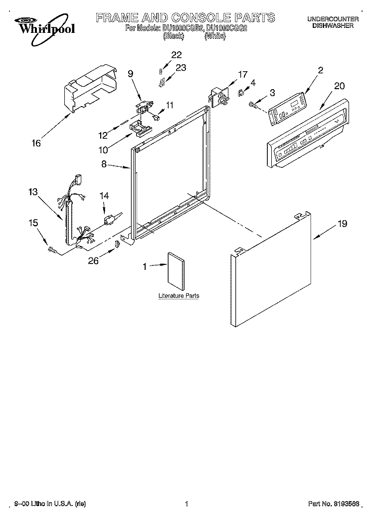 FRAME AND CONSOLE, LITERATURE Diagram and Parts List for DU1000CGB2  Whirlpool Dishwasher