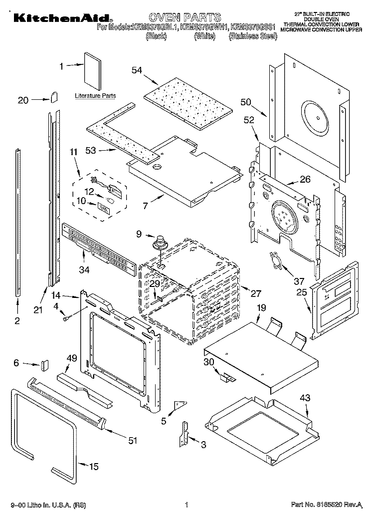 OVEN, LITERATURE Diagram and Parts List for KEMS378GWH1  KitchenAid Microwave Oven Combo