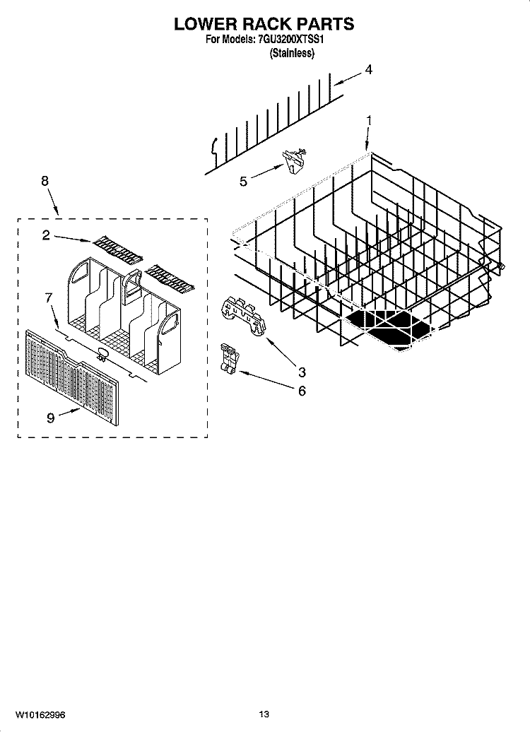 LOWER RACK PARTS, OPTIONAL PARTS (NOT INCLUDED) Diagram and Parts List for 7GU3200XTSS1  Whirlpool Dishwasher