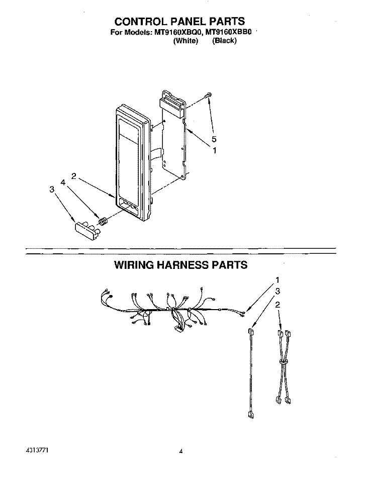 CONTROL PANEL, WIRING HARNESS Diagram and Parts List for MT9160XBB0  Whirlpool Microwave