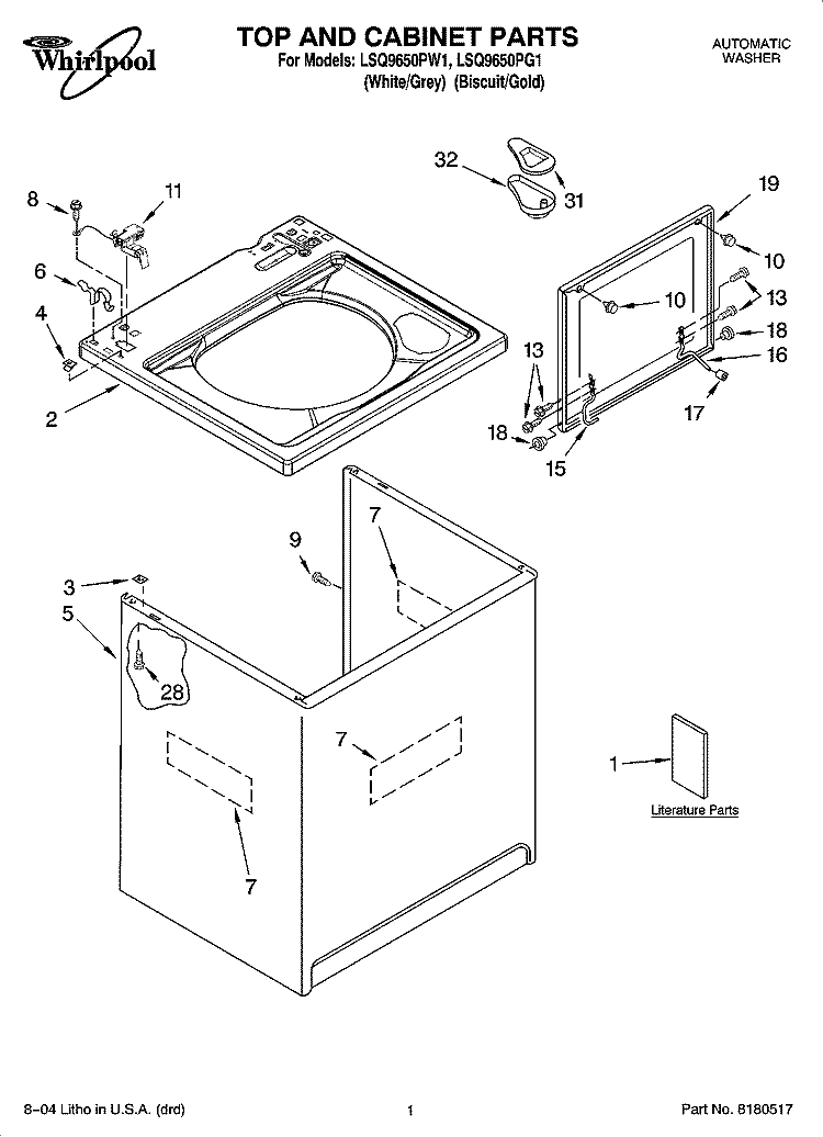 TOP AND CABINET PARTS Diagram and Parts List for LSQ9650PG1  Whirlpool Washer